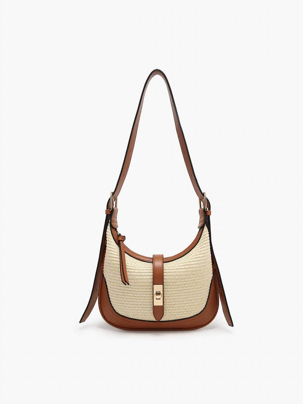 NEW JEN & CO. women's ariana straw and vegan leather shoulder bag in natural/bro